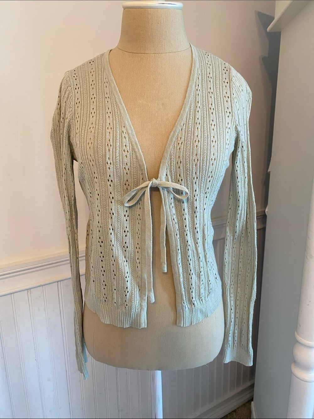 Brandy Melville Light Sage Tie-Front Openwork Cardigan